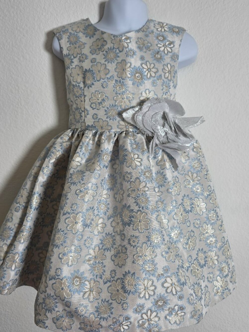 Peppa & Julie Girls Blue Gold Floral Brocade Party Dress Size 4 Pre-Owned Mint